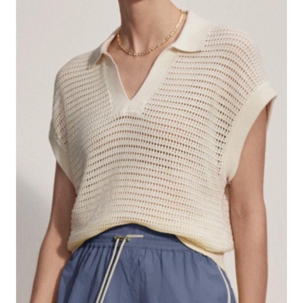 Varley Cream Open-Knit Short Sleeve Polo Sweater Vest